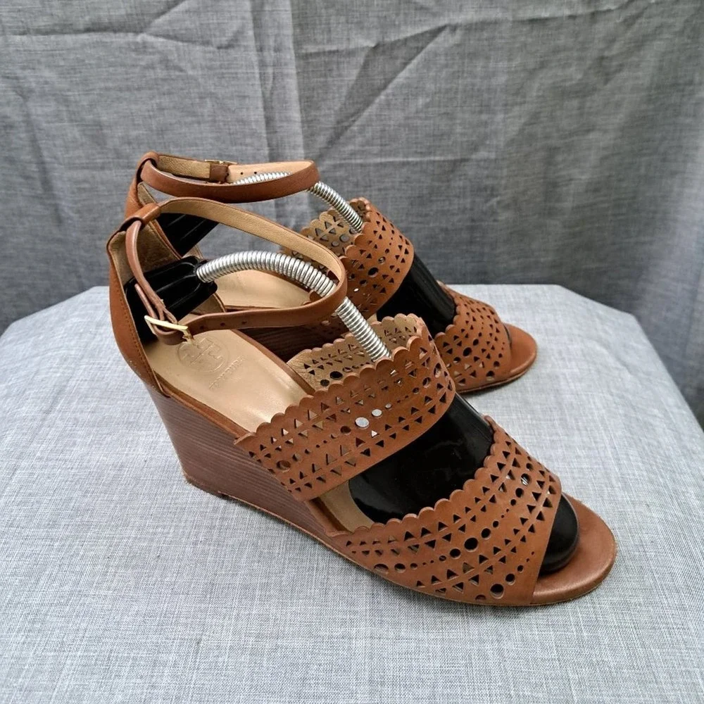 %TORY BURCH Brown Leather Wedges Sandals Size 9.5M Women / D14